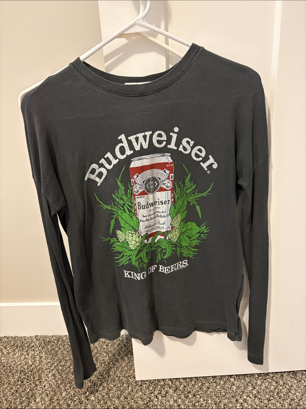Budweiser Charcoal Long-Sleeve Tee with Red Can Graphic